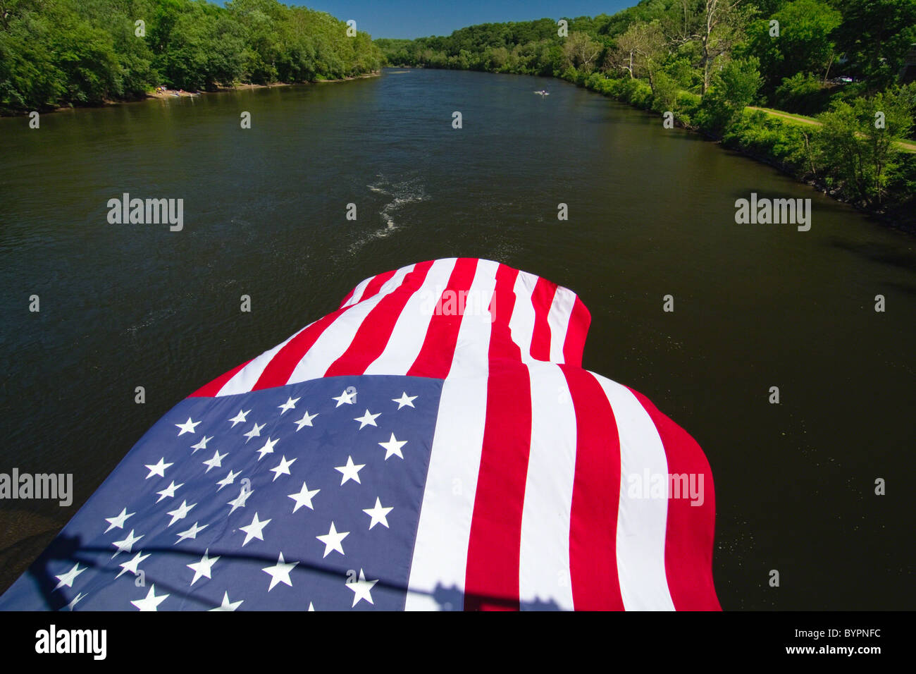 Stars and Stripes Flies Over the Delaware River, Lumberville-Raven Rock Bridge, Stockton, New Jersey Stock Photo