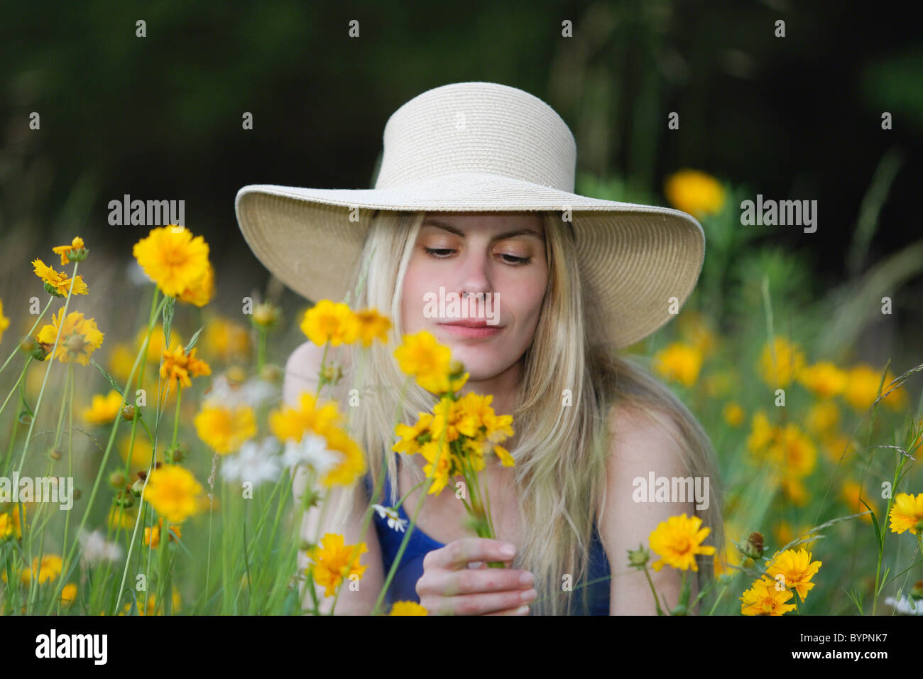 Portrait of a Young Woman in a Meadow with Wildflowers, New Jersey Stock Photo