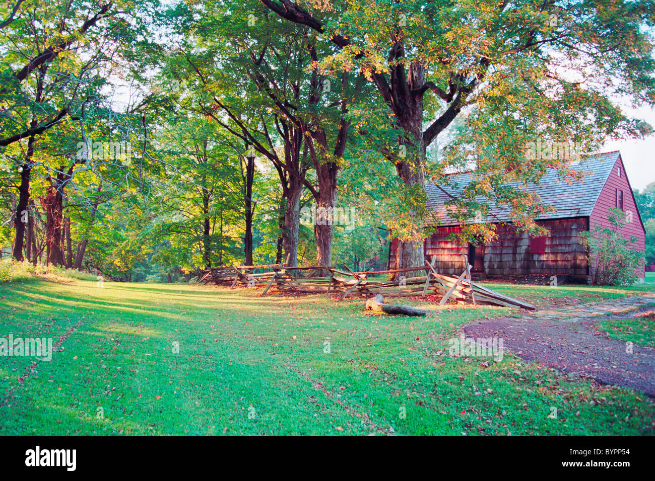Road and Farmhouse, Historic Wicks Farm, Jockey Hollow State Park, Morristown, New Jersey Stock Photo
