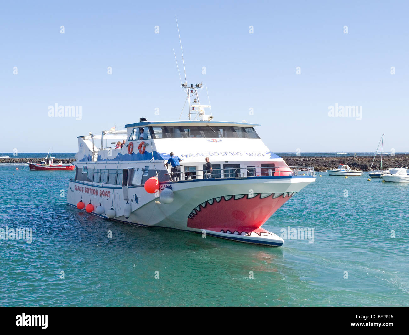 The ferry of Lineas Maritimas Romero in Orzola Lanzarote that runs from Orzqla Lanzarote to the island of La Graciosa Stock Photo