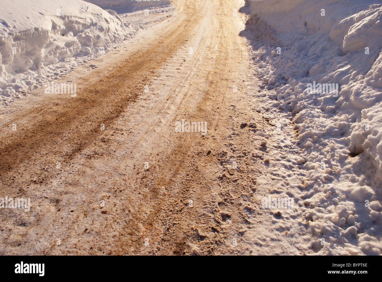mountain road with snow in winter Stock Photo