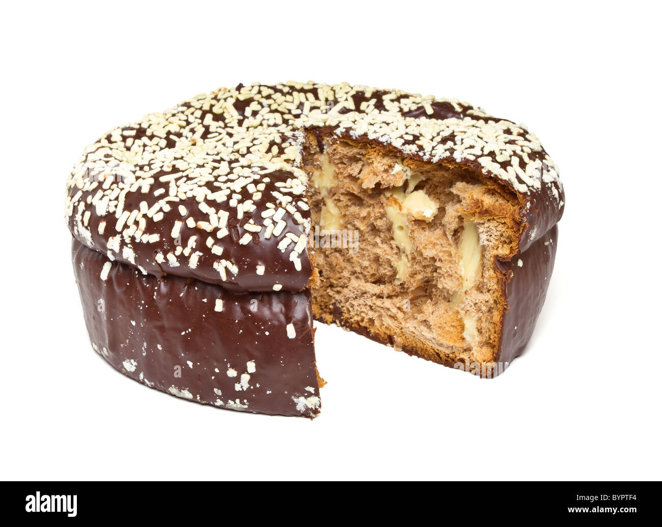 Chocolate Panettone a traditional Italian Christmas Cake filled with custard. Stock Photo
