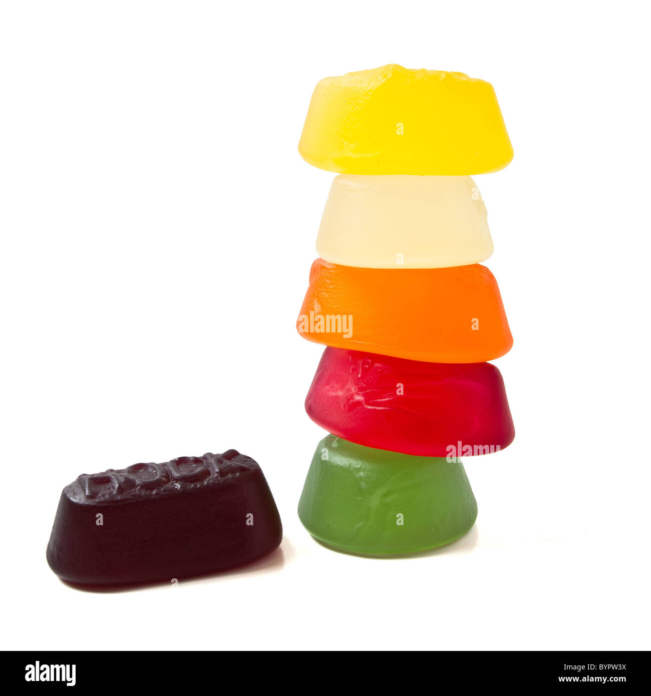 A selection of wine gums from low perspective isolated on white Stock