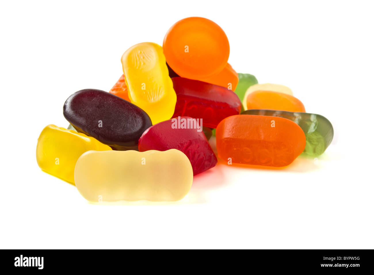 A selection of wine gums from low perspective isolated on white Stock