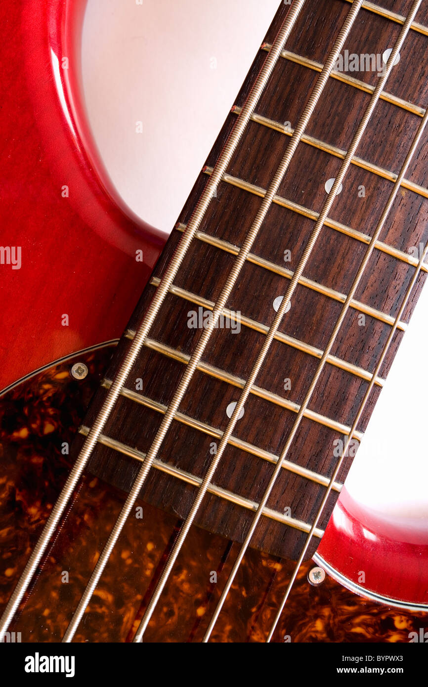 Details of bass guitar with 5 strings. Stock Photo