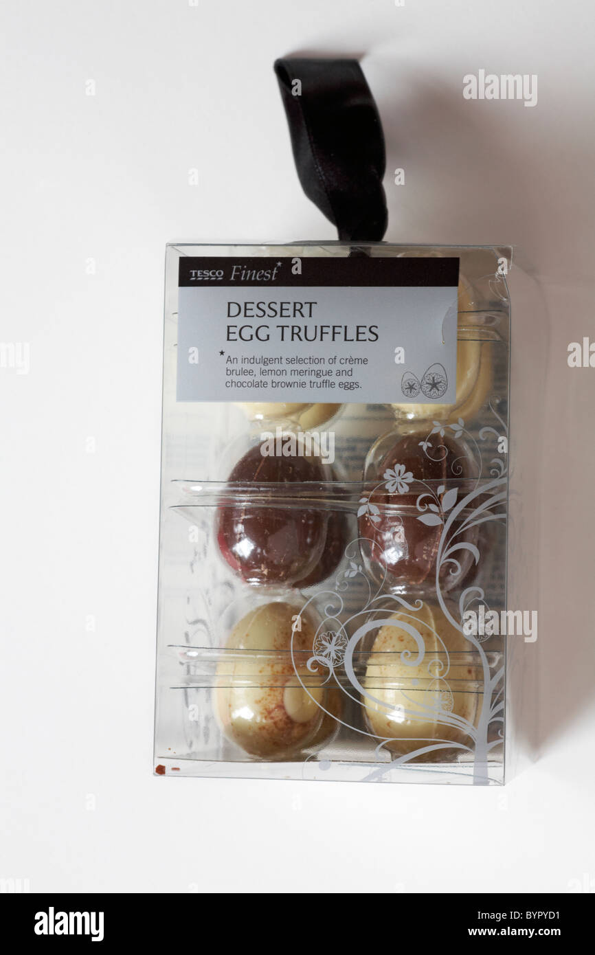 Box of Tesco Finest dessert egg truffles isolated on white background - ready for Easter Stock Photo