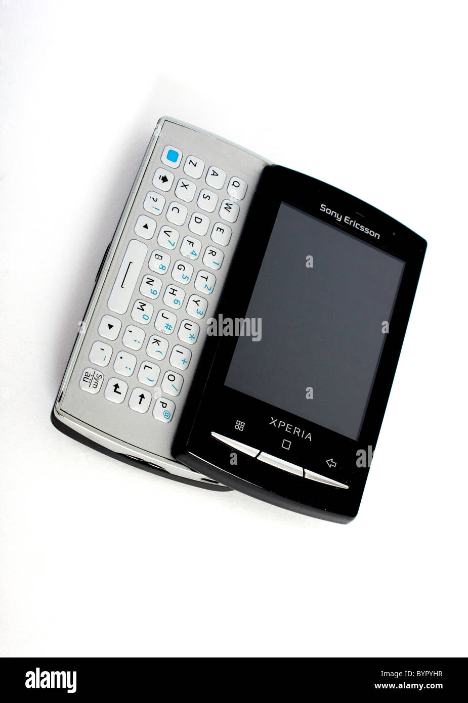 The new Sony Ericsson Xperia mini pro mobile phone with full slide out qwerty keyboard; displaying a blank screen. Stock Photo