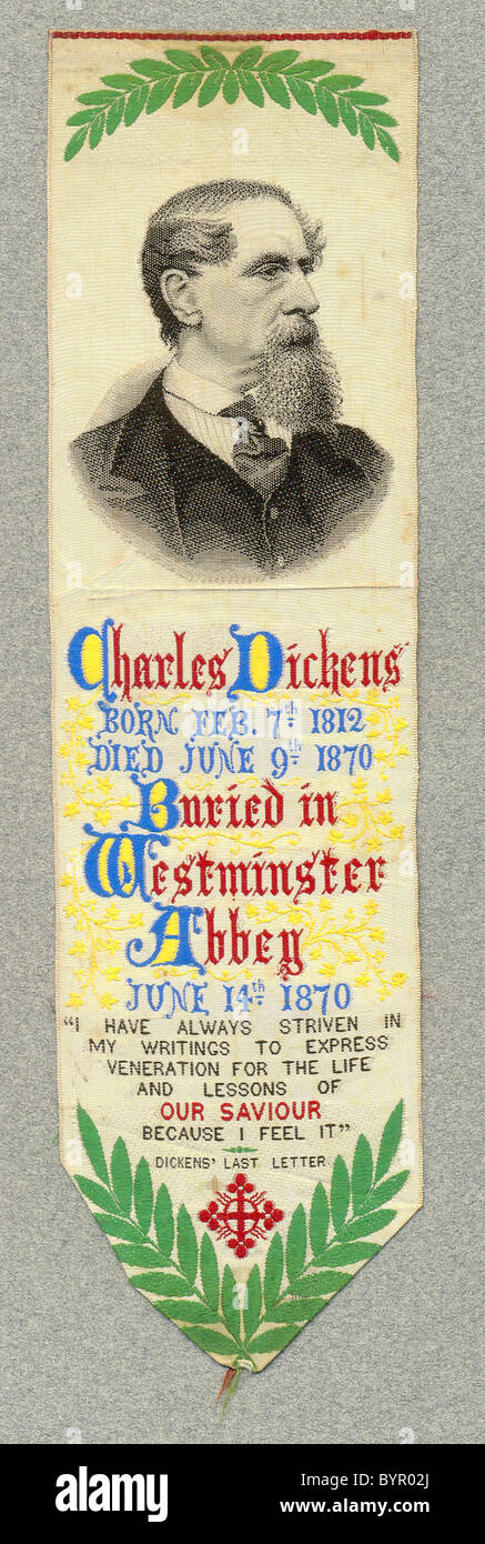 Woven silk bookmark commemorating death of Charles Dickens 1870 Stock Photo