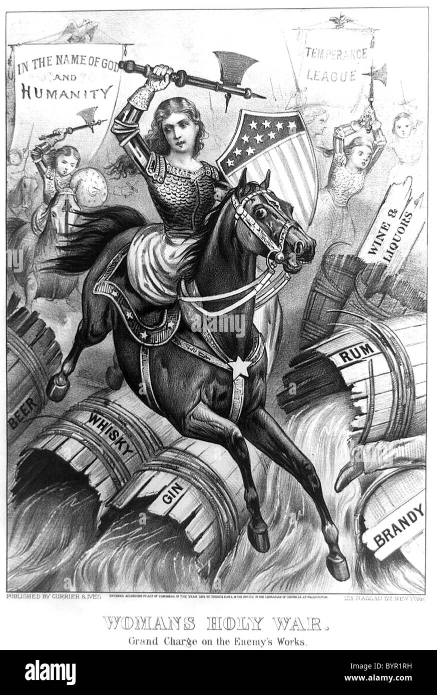 AMERICAN SUFFRAGETTES depicted as waging a Holy War on alcohol in this 1874 lithograph by Currier & Ives Stock Photo