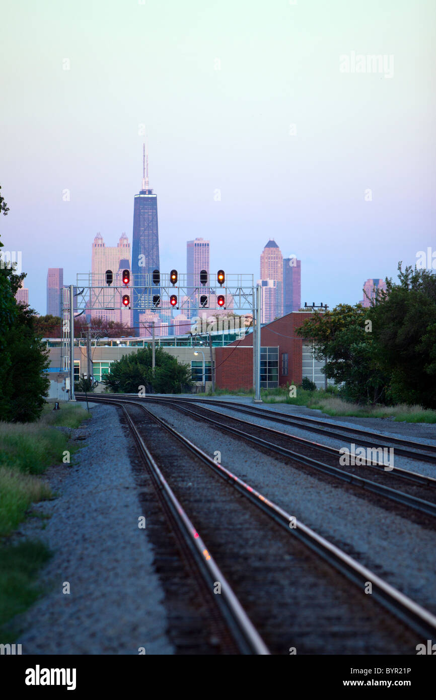 Chicago is the railroad capital of the world. Empty tracks with the skyline in the background. Stock Photo