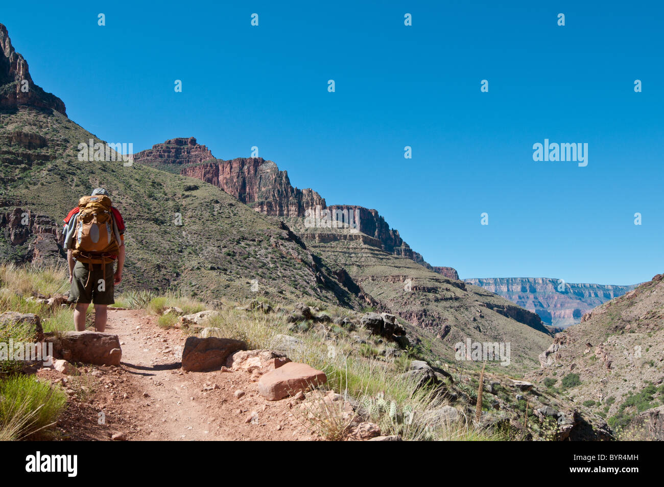A backpacker stops to take in the sights on the North Kaibab Trail on his way down to the Bright Angel campground. Stock Photo