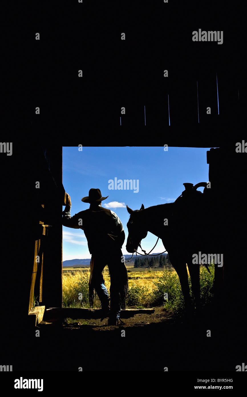 silhouette of a cowboy holding his horse's reins looking out reflecting on the day; seneca, oregon, united states of america Stock Photo