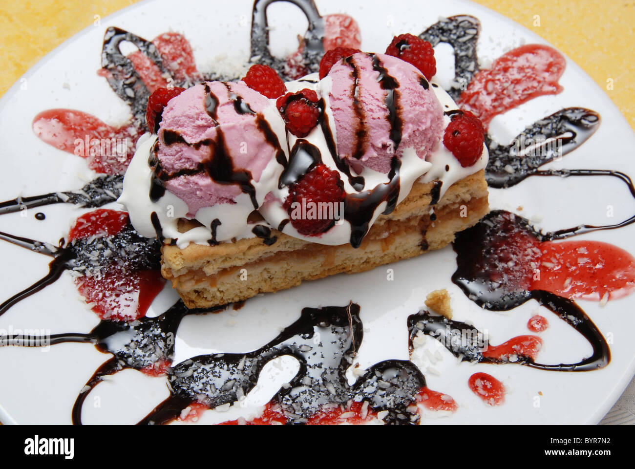 apple cake with whipped cream and ice cream Stock Photo
