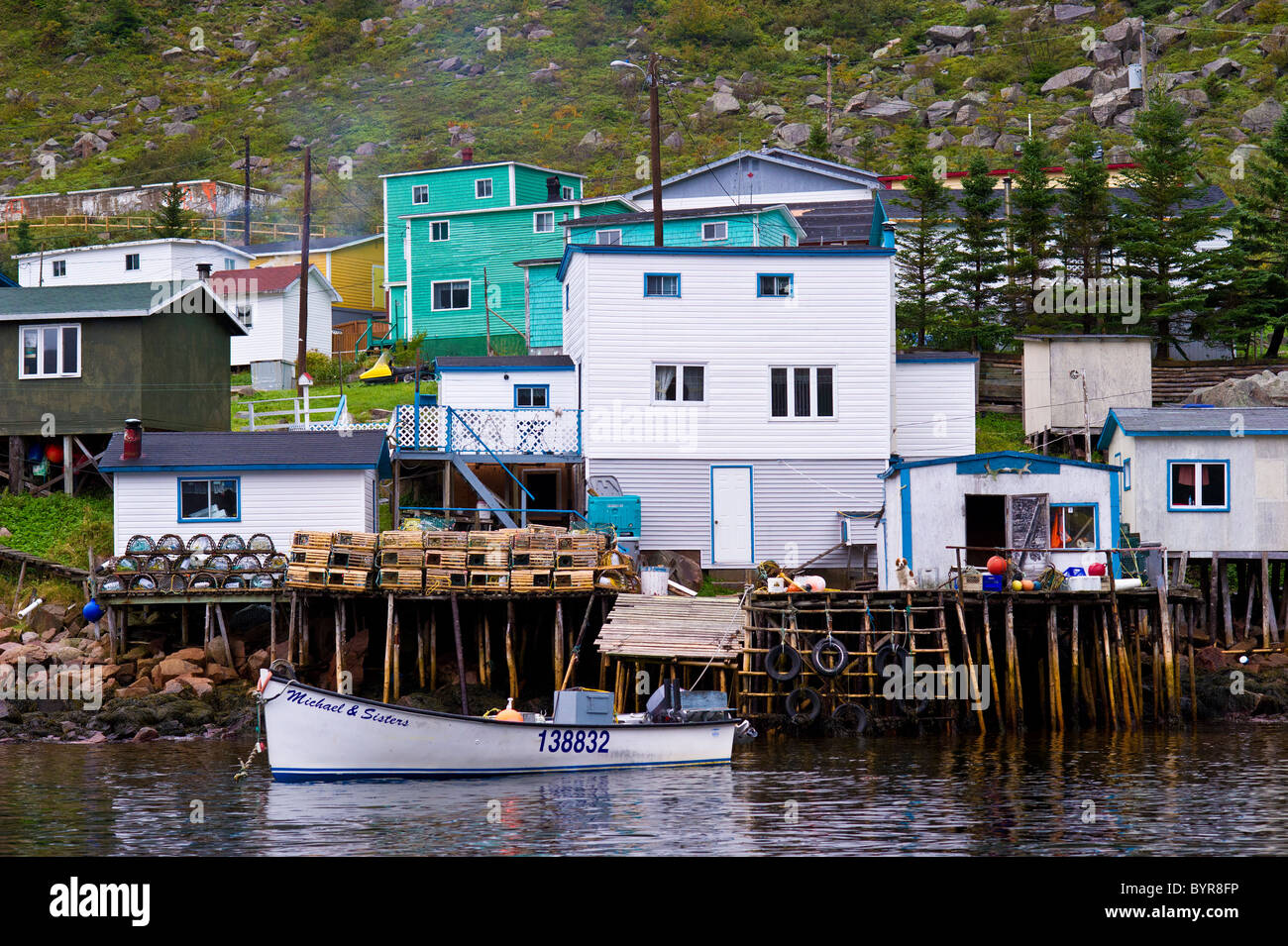Francois newfoundland dock and fishing boat Stock Photo Alamy