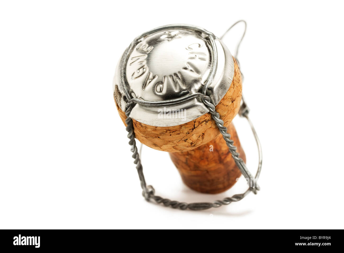standing cork from a champagne bottle on white background Stock Photo