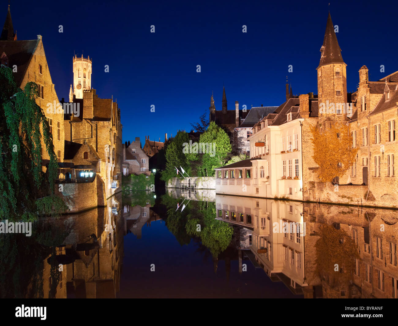 Bruges Canal At Night Stock Photo