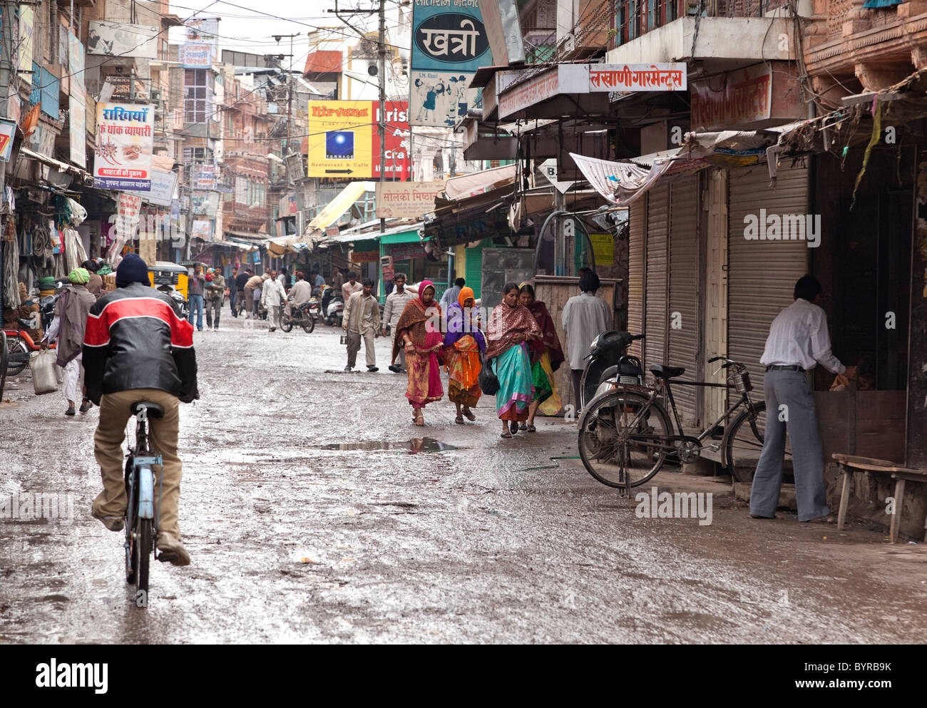 India, Rajasthan, Jodhpur view down typical street after monsoon rain
