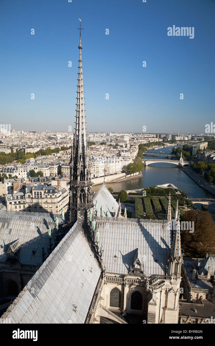 roof tops of the back side of notre-dame cathedral with a spire; paris, france Stock Photo