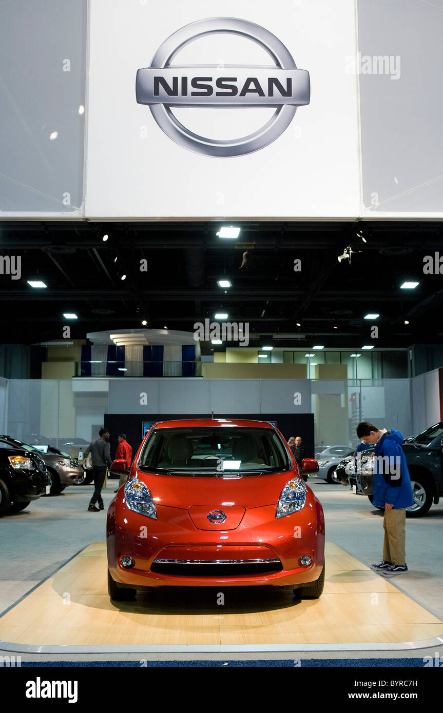 The Nissan Leaf electric car at the Washington Auto Show.  Stock Photo