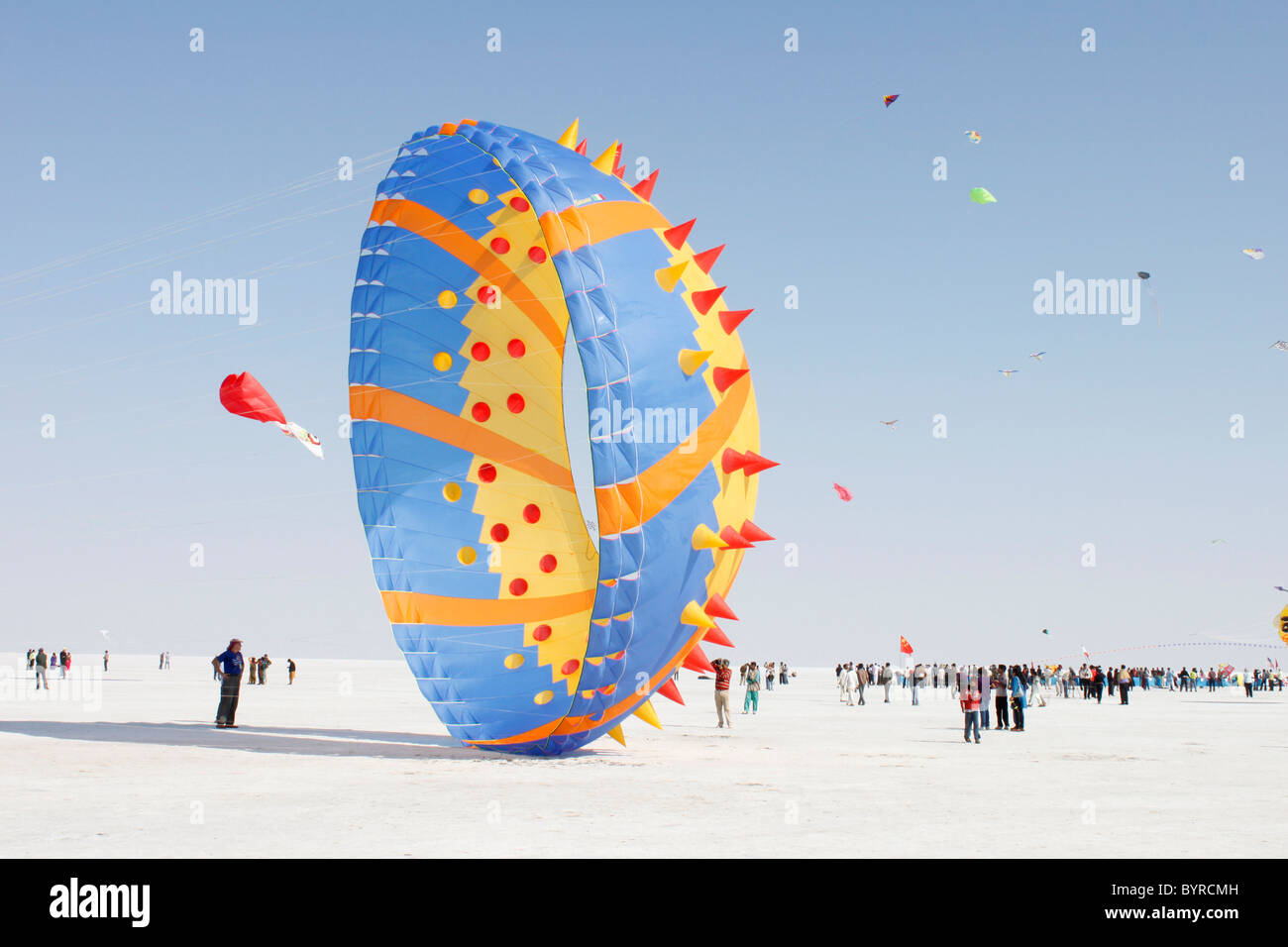International kite flying festival in white rann of kutch Stock Photo