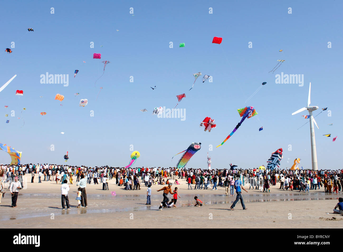 A view of Kite festival at Mandavi beach, Gujarat,India Stock Photo