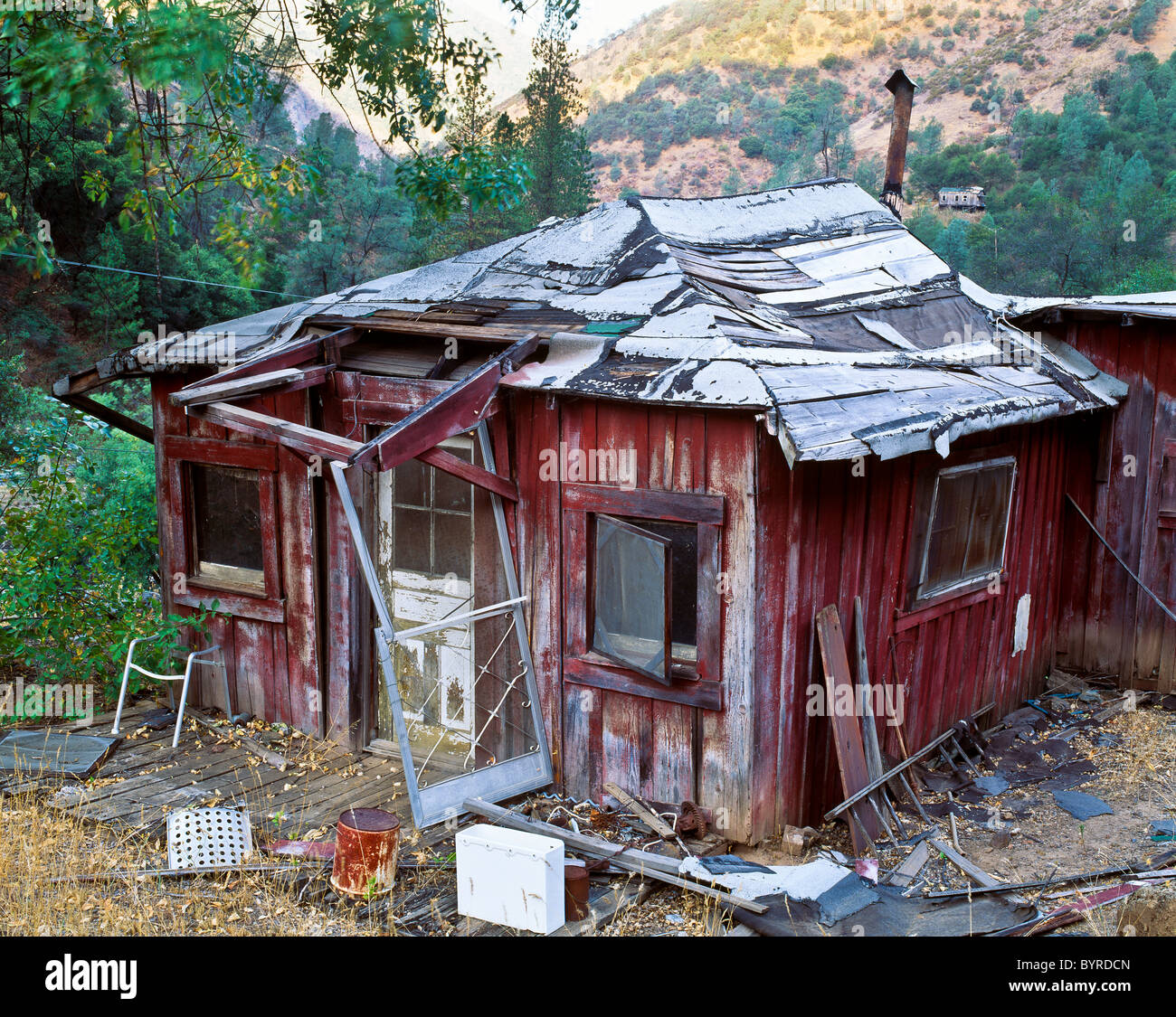 Abandoned and rundown one-room house. Stock Photo