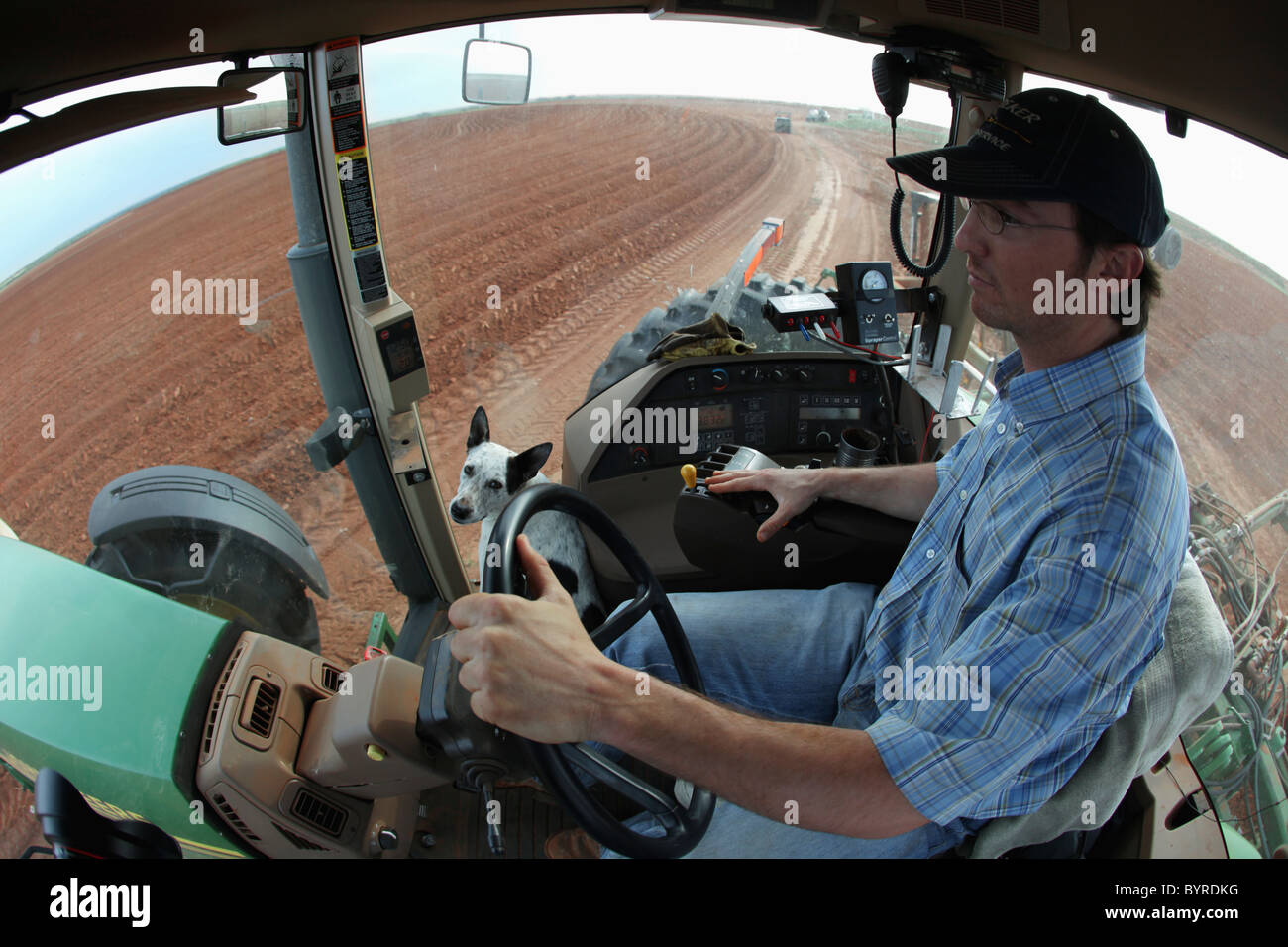 Agriculture Young farmer with his dog in the cab driving his tractor
