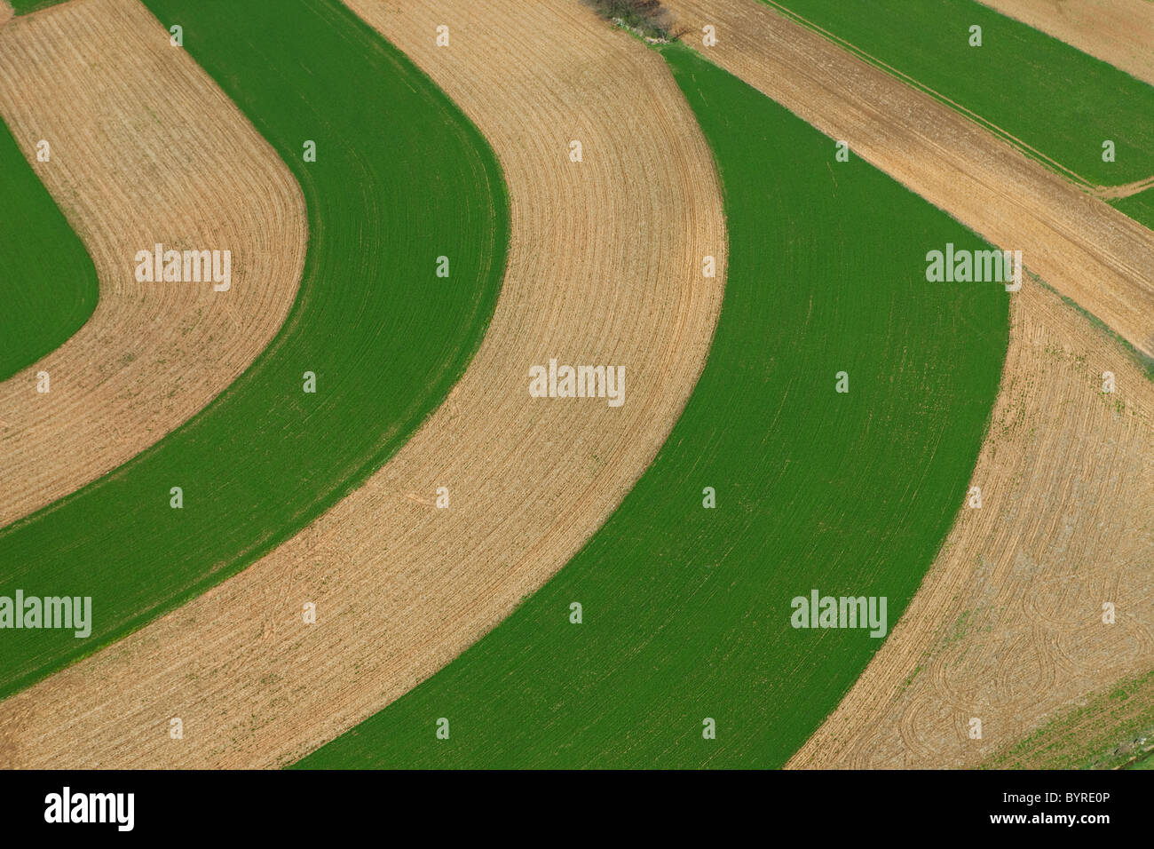 Agriculture Aerial view of agricultural fields with coutour strips in