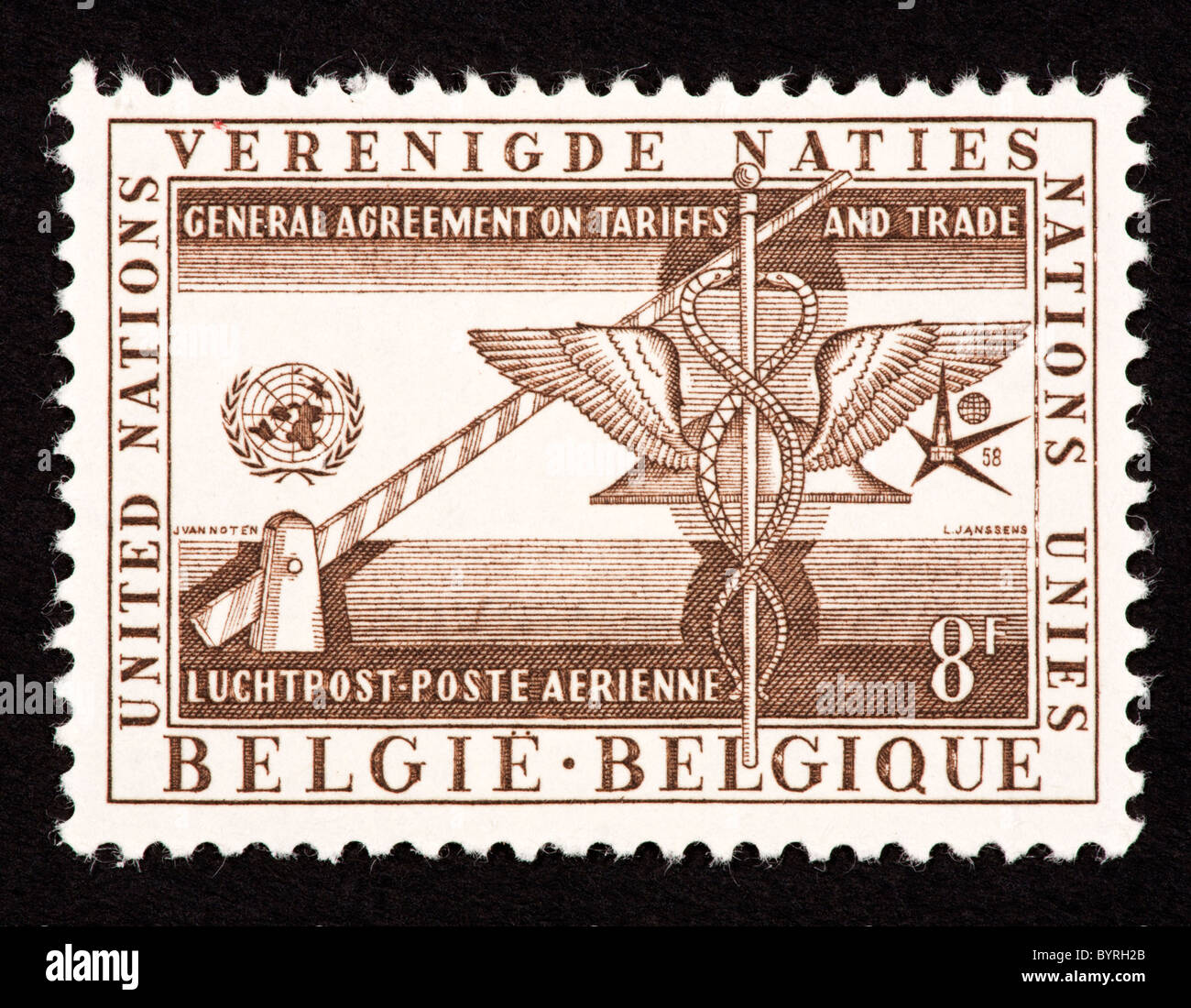 Postage stamp from Belgium depicting trade and commerce issued to honor the United Nations. Stock Photo