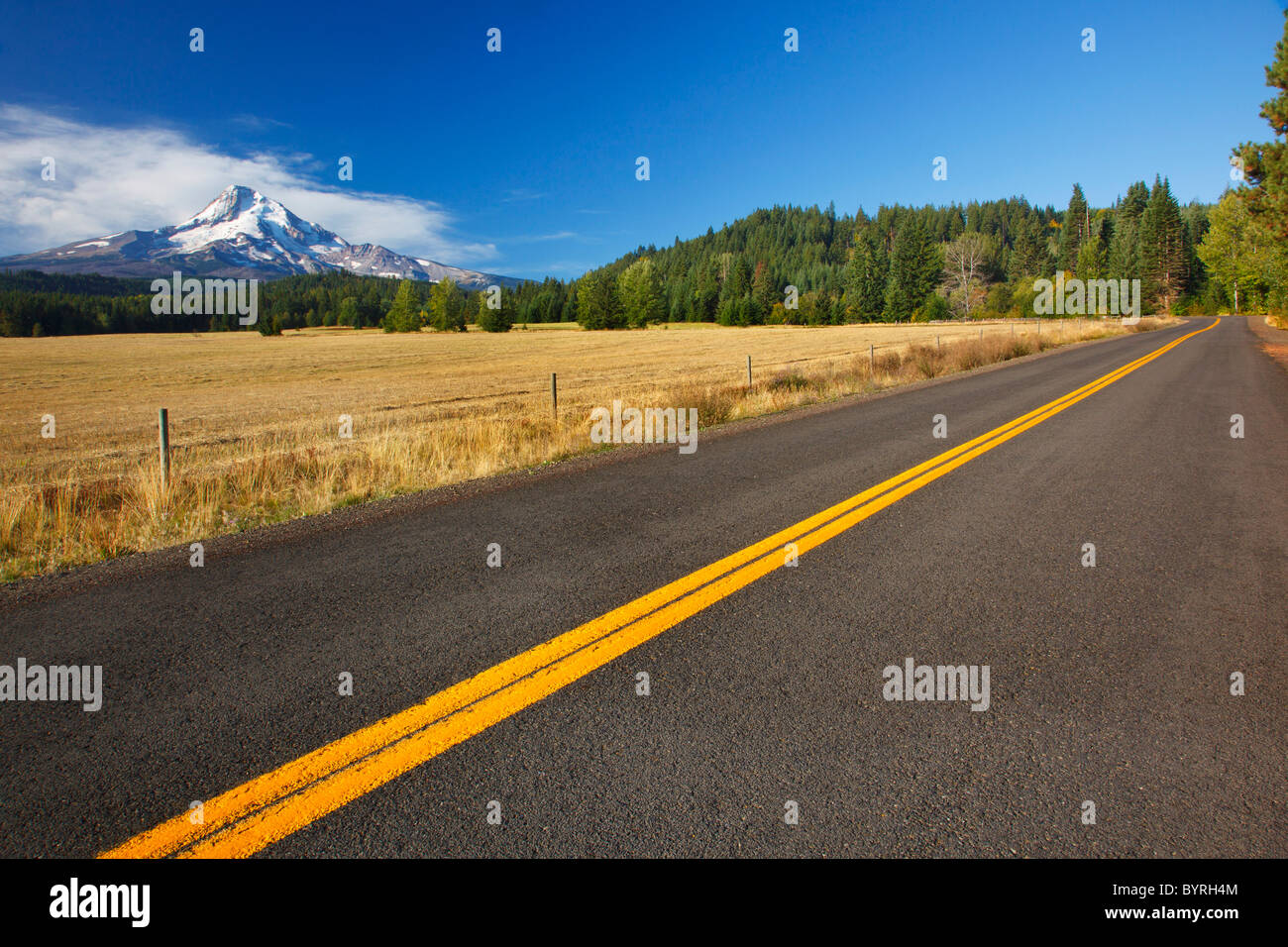 a road with mount hood in the background; oregon, united states of