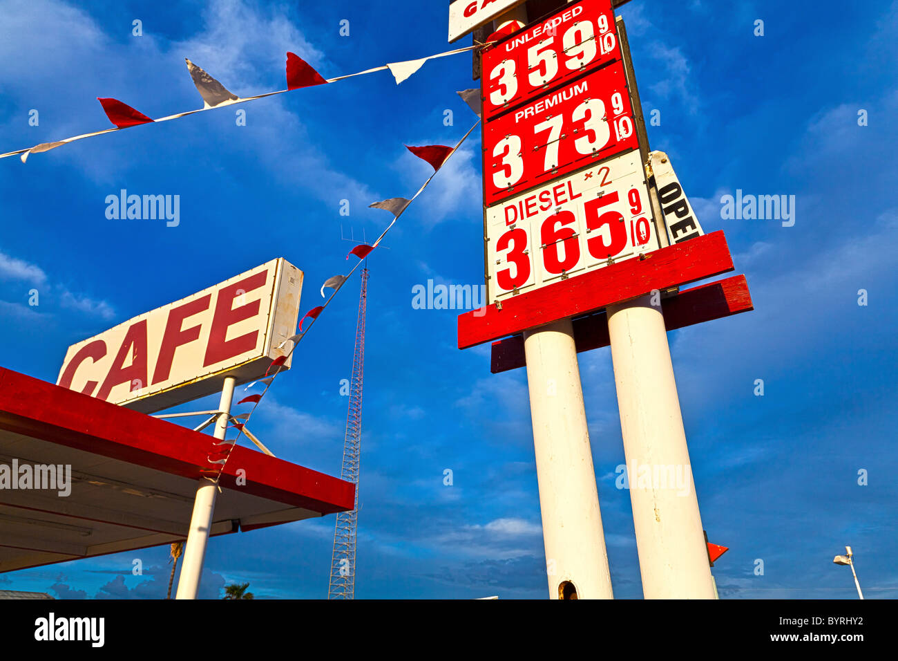 Cafe and gas sign. Stock Photo