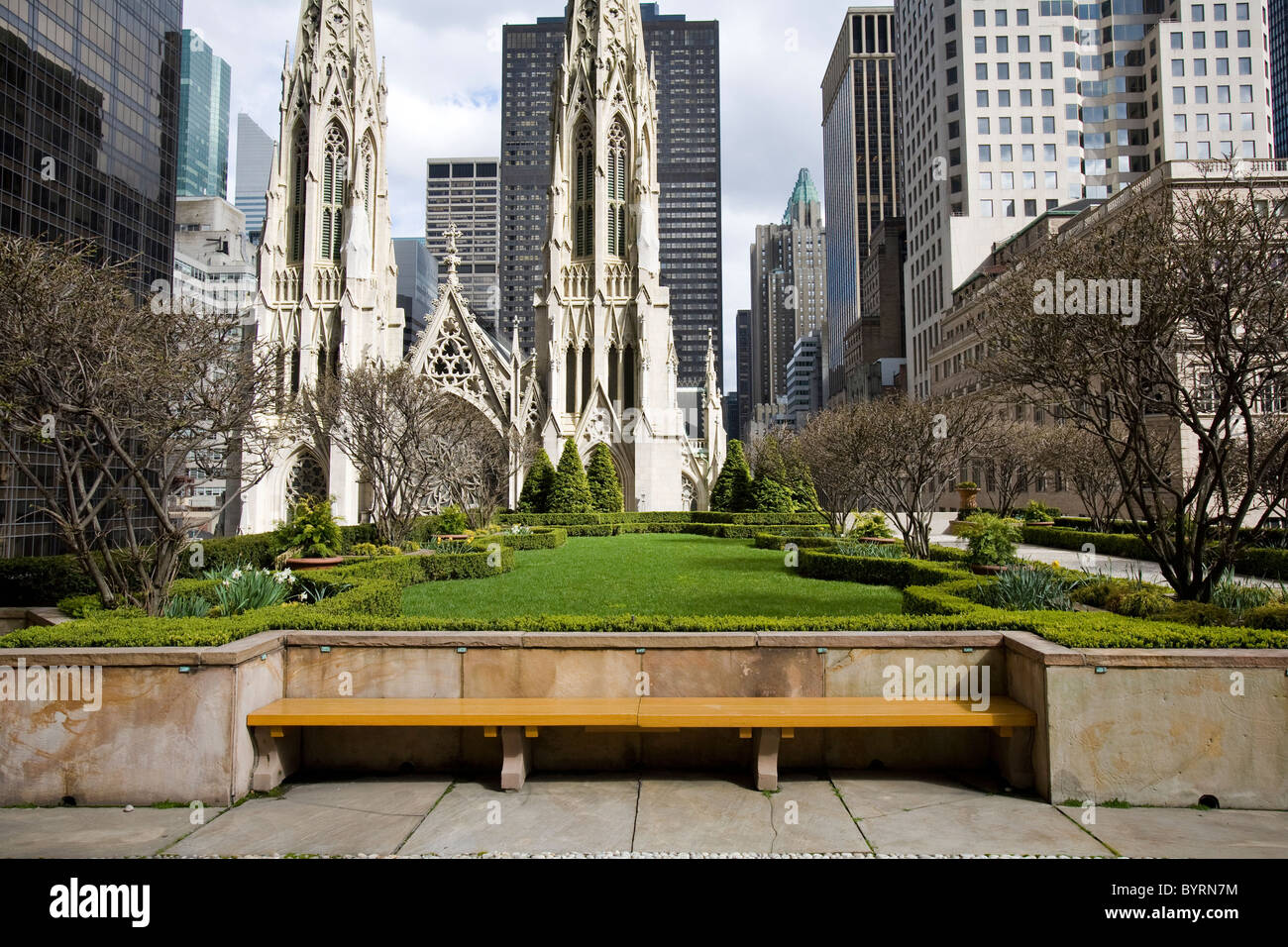 Seventh floor roof garden at 45 Rockefeller Plaza, NY, New York facing Saint Patrick's Cathedral on Fifth ave. Stock Photo