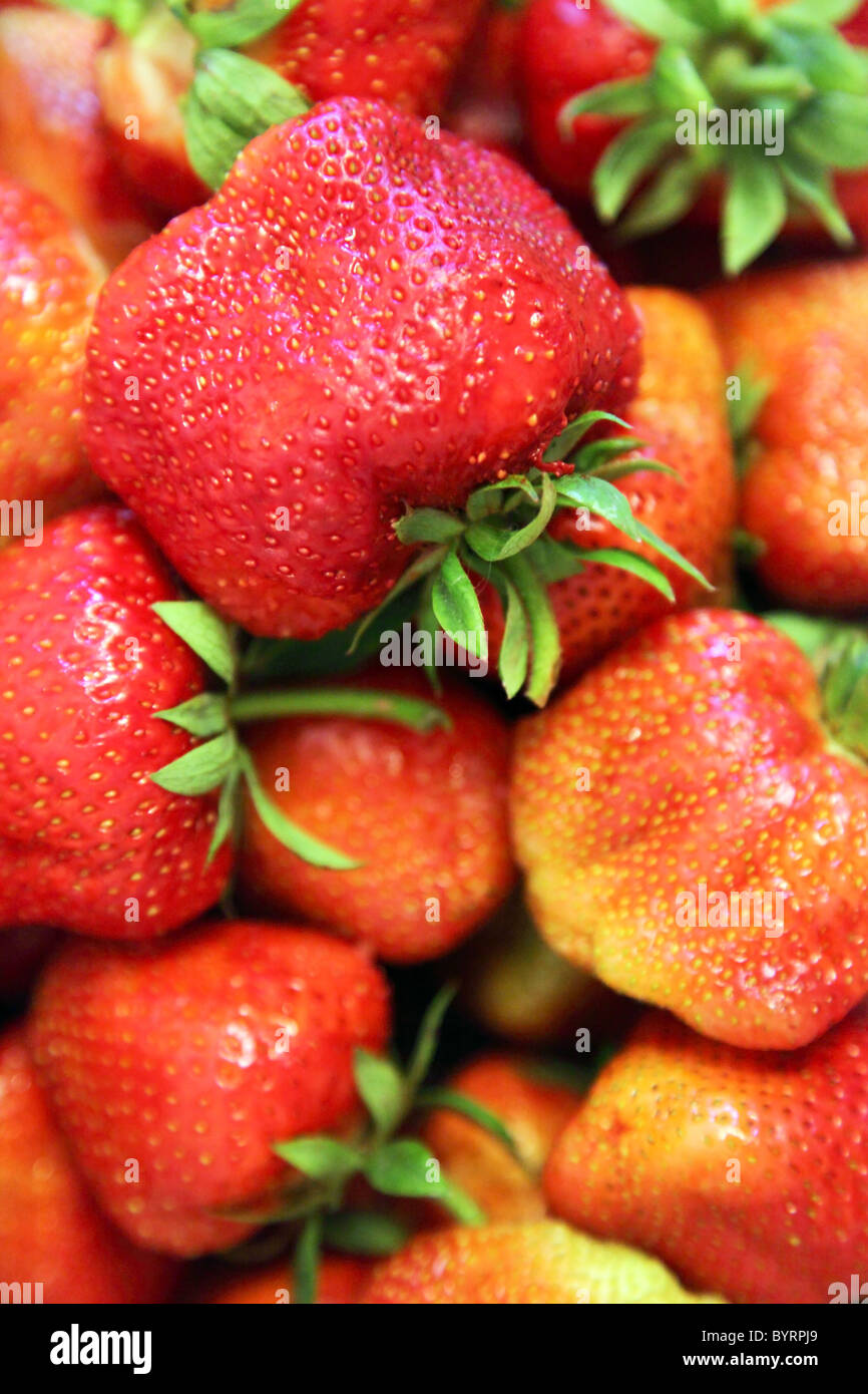 Fresh strawberry as background or wallpaper. Selective focus. Stock Photo