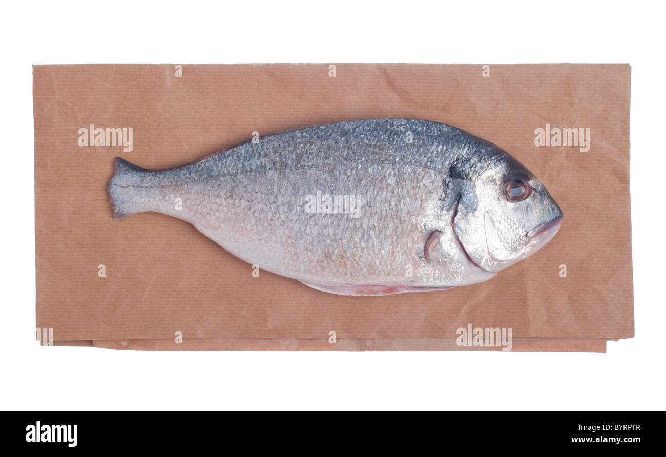 raw dorado fish on market paper bag (isolated on white background) Stock Photo