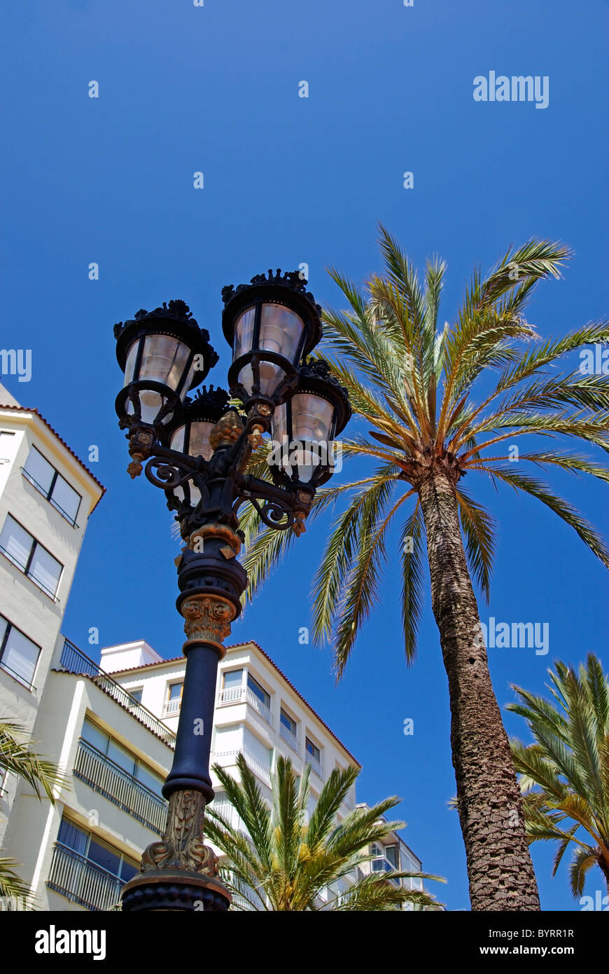 Street light and palms with luxury apartments building in background. Lloret de Mar, Spain. Stock Photo