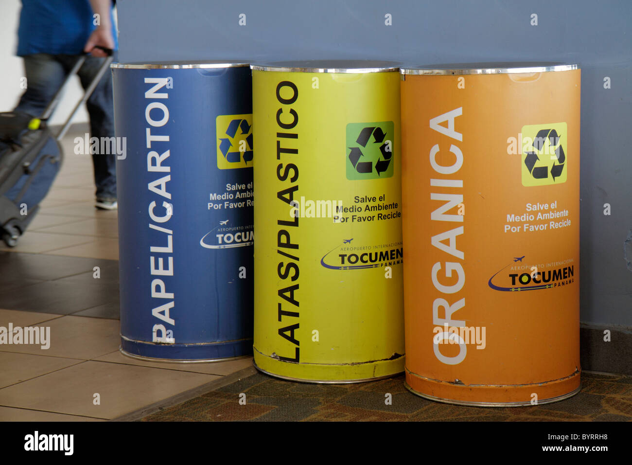 Panama,Latin,Central America,Panama City,Aeropuerto Tocumen,airport,PTY,terminal,recycling,bins,green movement,paper,plastic,organic waste,North Pana1 Stock Photo