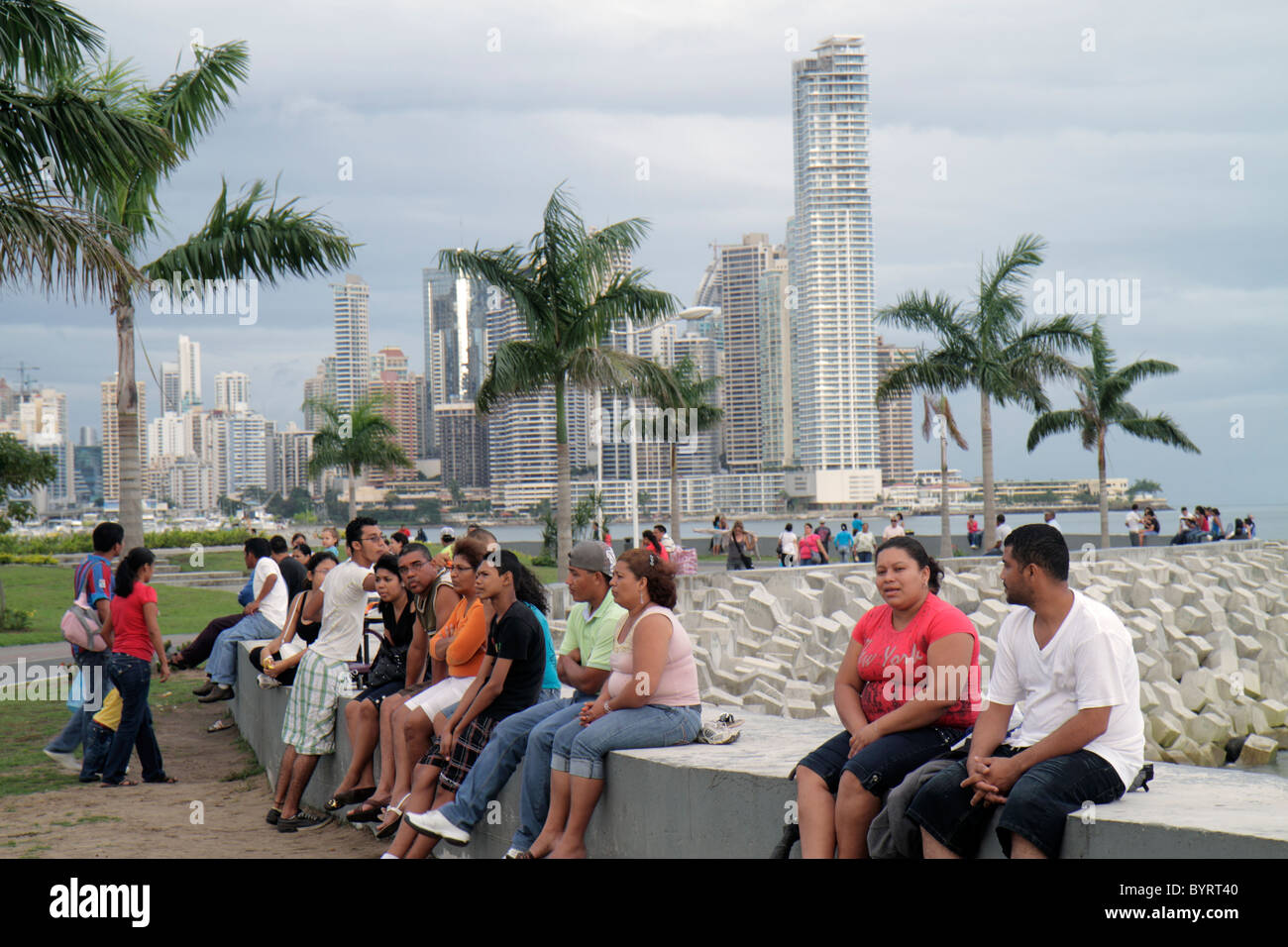 Panama Panama City,Cinta Costera,Pacific Ocean,water,Coastal Beltway,Bahia de Panama,linear park,seawall,skyline,high rise skyscraper skyscrapers buil Stock Photo