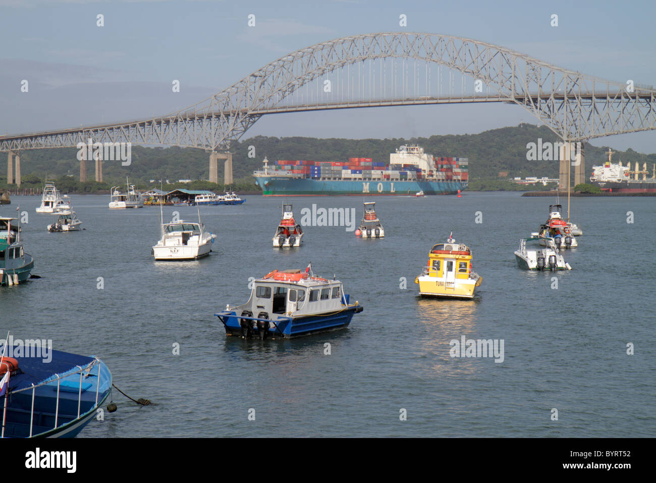 Panama,Latin,Central America,Panama City,Amador,Panama Canal,Pacific Ocean approach,Puente de las Americas,Thatcher Ferry Bridge,boat,vessel,ship,navi Stock Photo