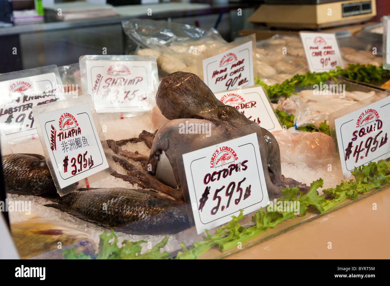 Fresh seafood on display at Lord's Lobsters Fish Market inside City Market in Saint John, New Brunswick, Canada Stock Photo