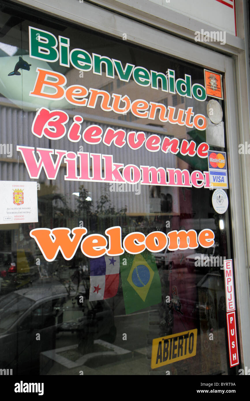 Panama,Latin,Central America,Panama City,Bella Vista,storefront,window,painted glass sign,multilingual,welcome,bienvenido,Benvenuto,Bienvenue,Willkomm Stock Photo