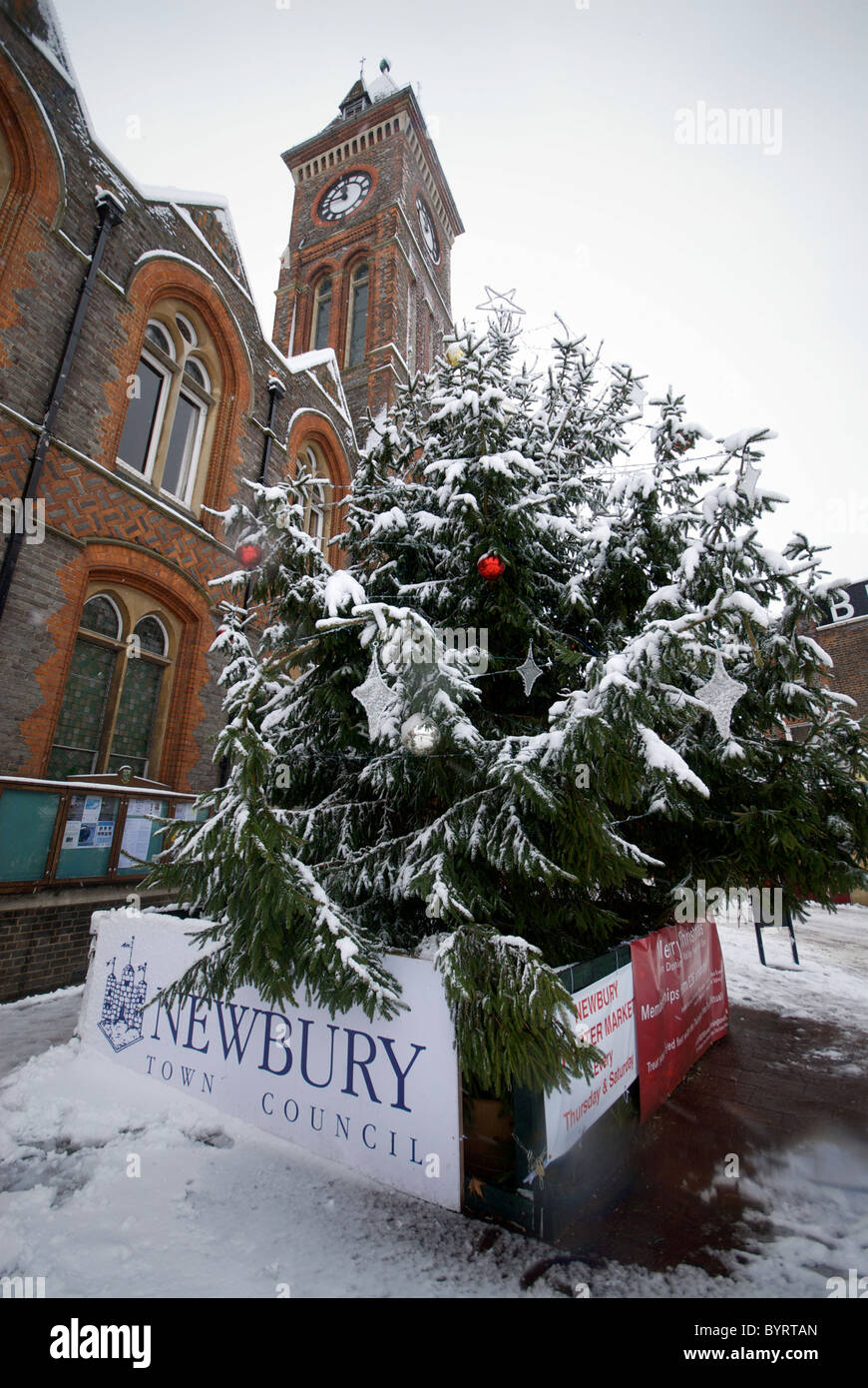 Newbury Berkshire England UK Snow Town Centre Town Hall Market Place Christmas Tree Stock Photo