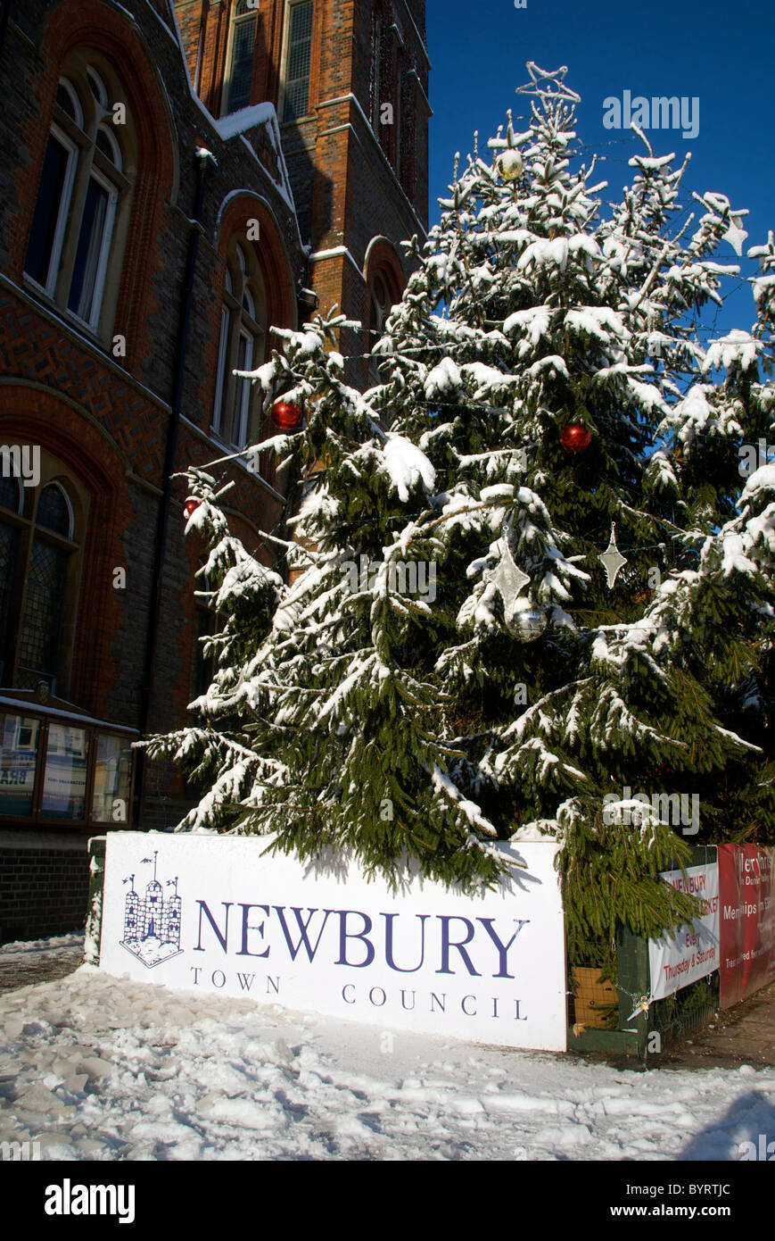 Newbury Berkshire England UK Snow Town Centre Town Hall Christmas Tree Market Place Stock Photo
