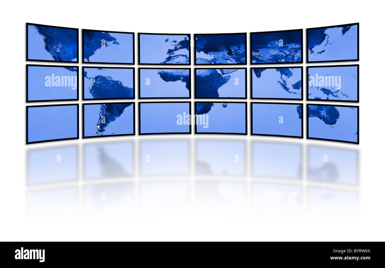 Flat LCD screens displaying the world earth map. Television technology. Stock Photo