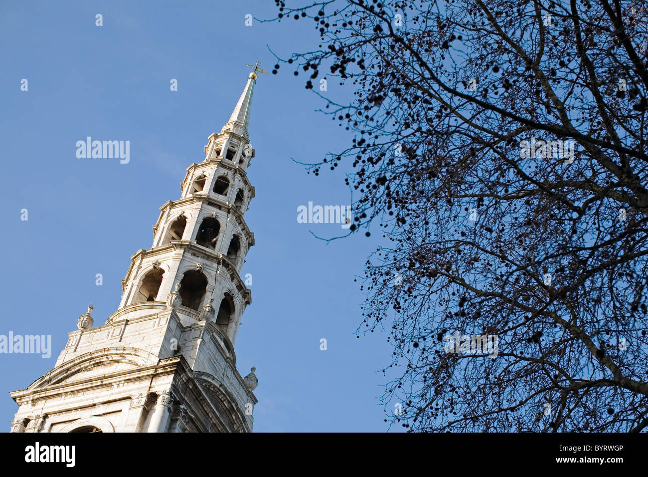 St Bride's Church, Fleet Street, designed by Sir Christopher Wren in