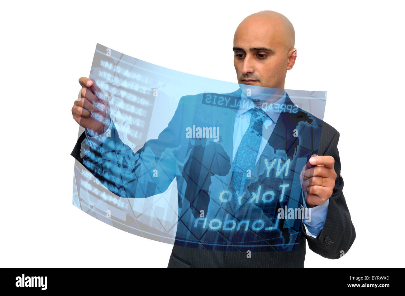 Businessman with high tech stock exchange newspaper Stock Photo