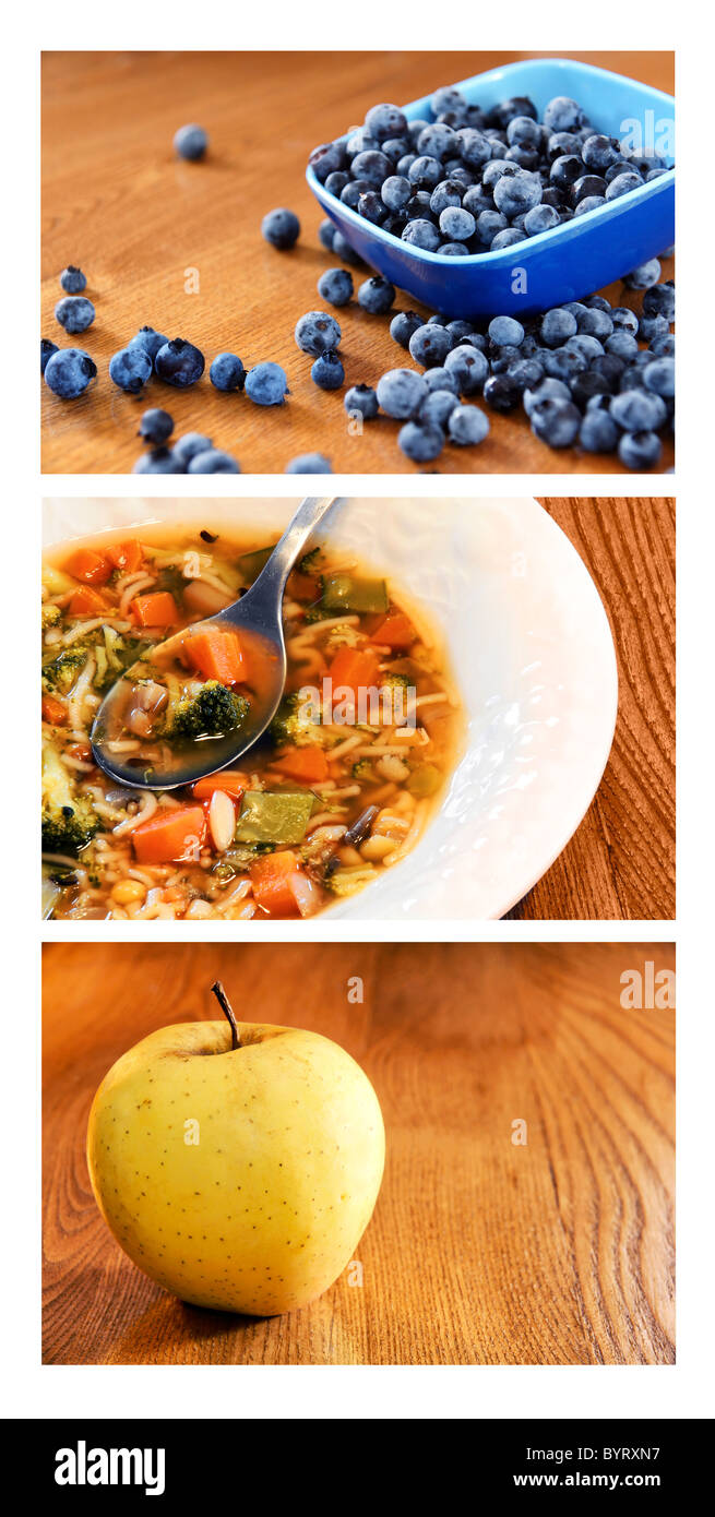 Collage of good healthy food choices: fruit and vegetables at home on wood kitchen table. Stock Photo