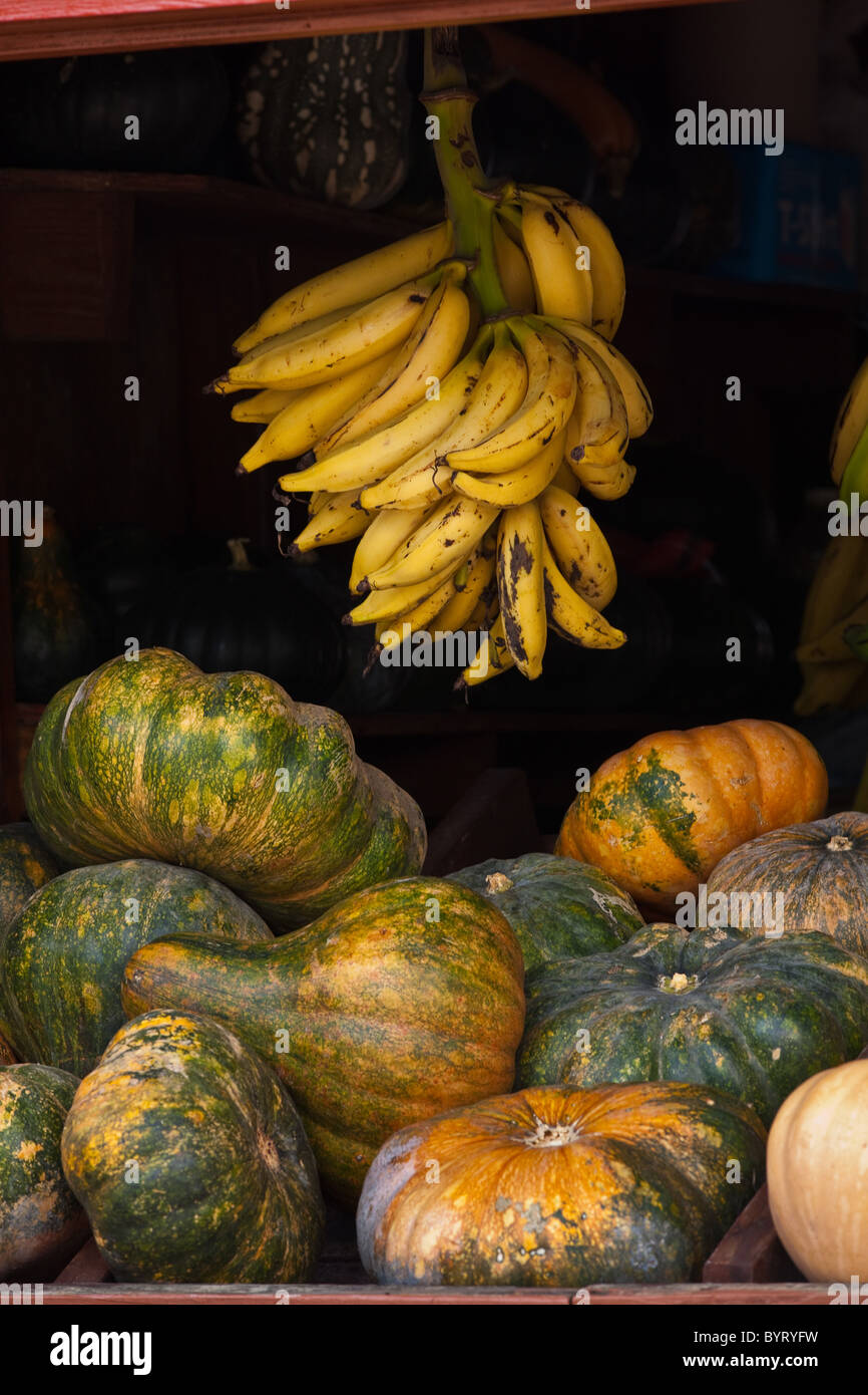 A fruit stand selling bananas and tropical fruit in Puerto Rico Stock
