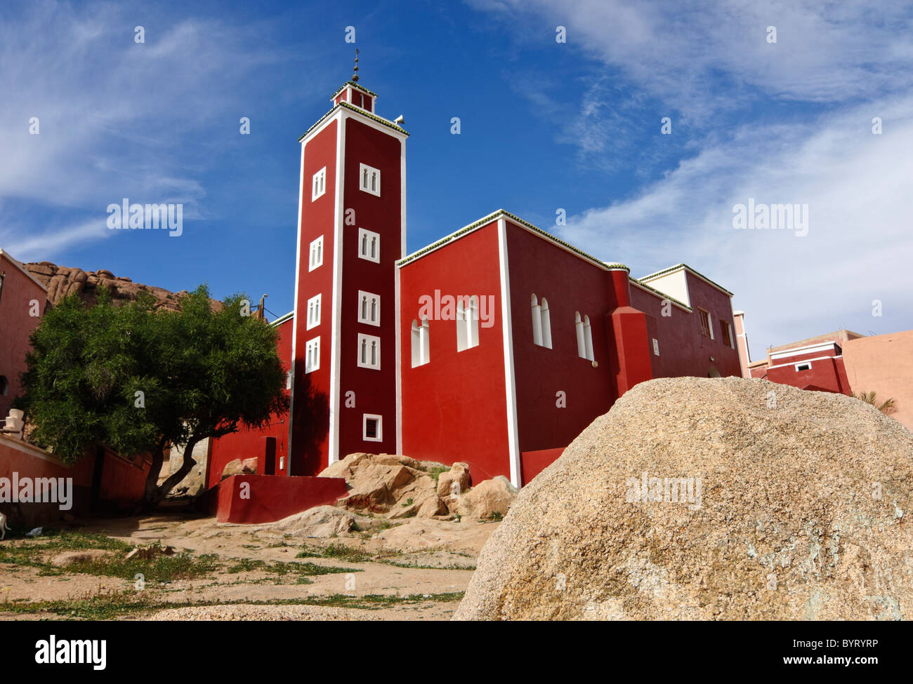 Red painted mosque in the village of Adai, near Tafraoute, Morocco Stock Photo