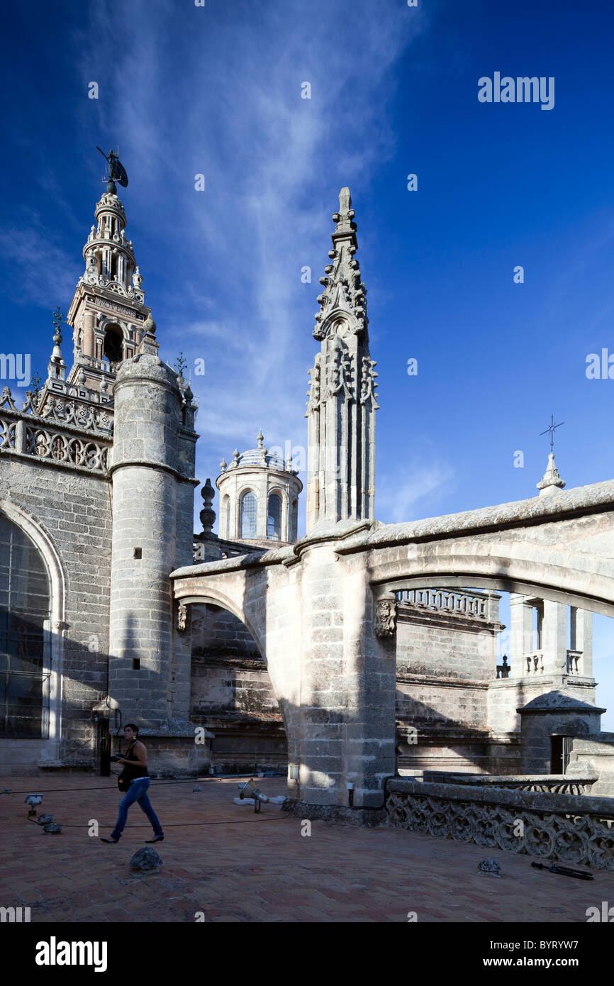 Gothic flying buttress and pinnacle on the roof of Santa Maria de la Sede Cathedral, Seville, Spain Stock Photo