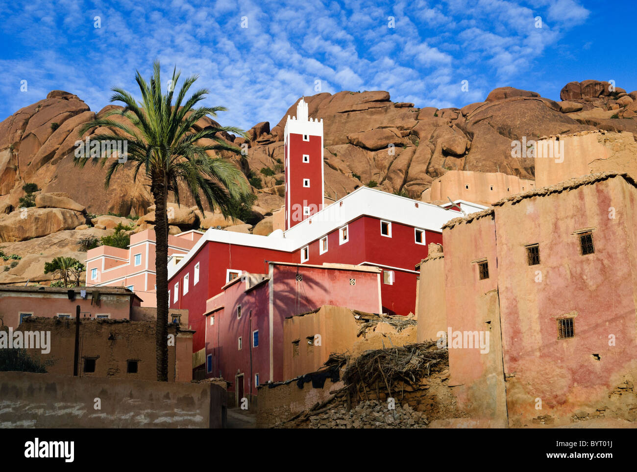 Red painted mosque in the village of Adai, near Tafraoute, Morocco Stock Photo
